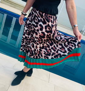 Striped Leopard Pleated Skirt